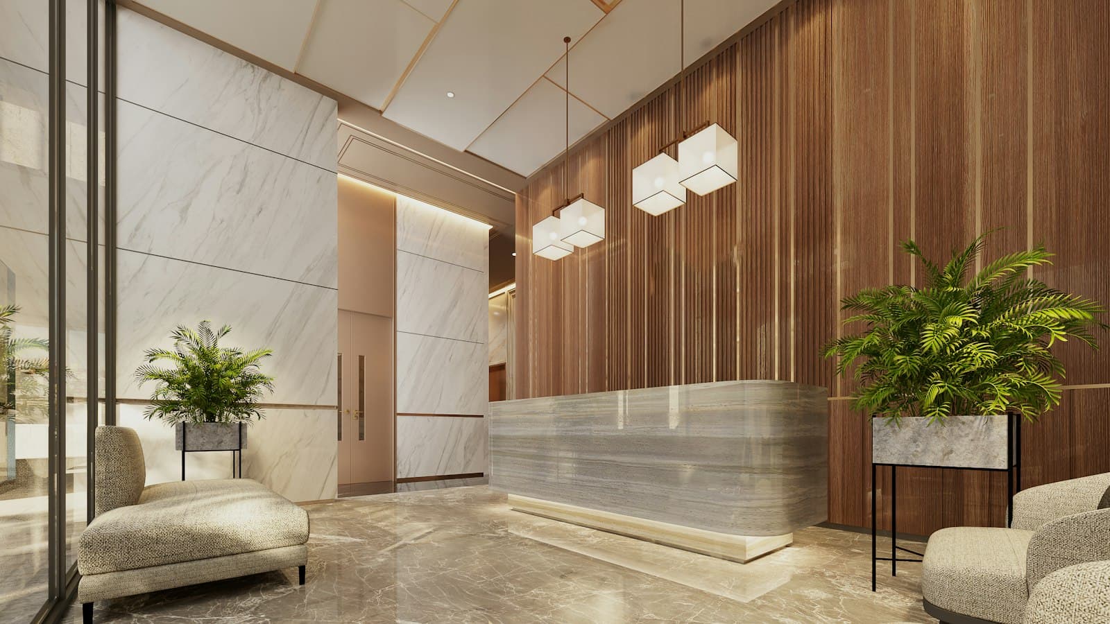 A marble and timber-panelled lobby with plants