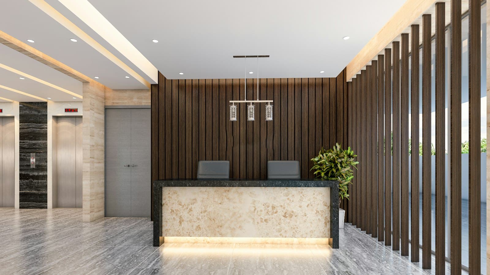 A hotel lobby with a dark timber-slat feature wall