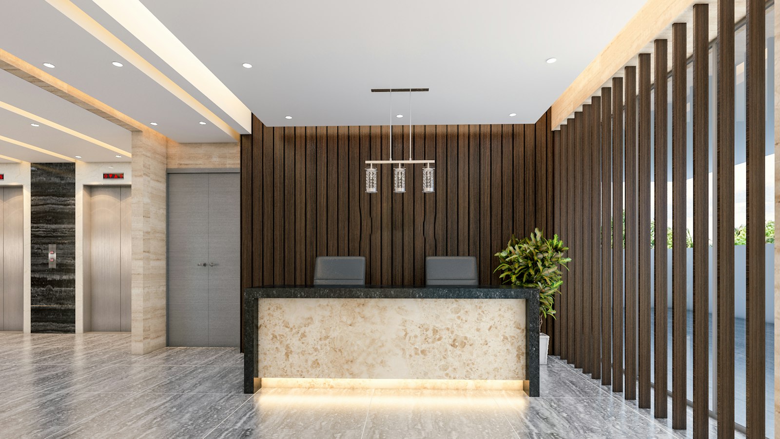 A hotel lobby with a dark timber-slat feature wall